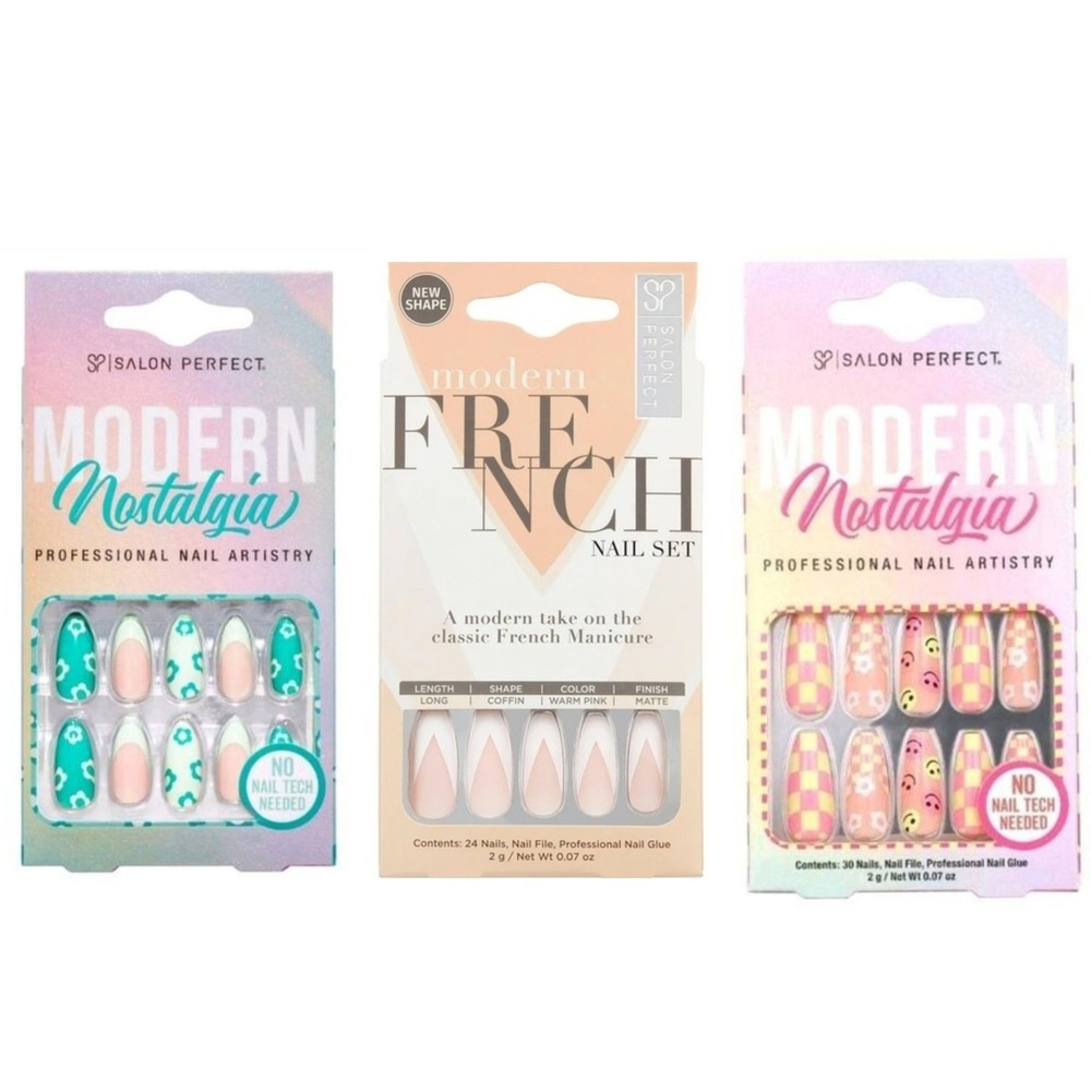 3pack Salon Perfect Press On Nails Modern Nostalgia‎ Y2K Checkers Daisy & French